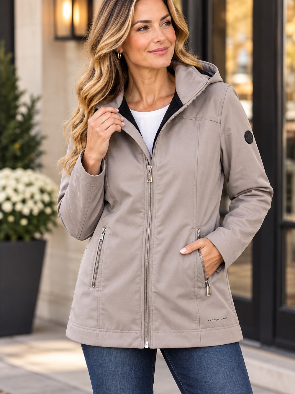 Andrew Marc Women's Taupe Hooded Softshell Jacket with Zip Pockets